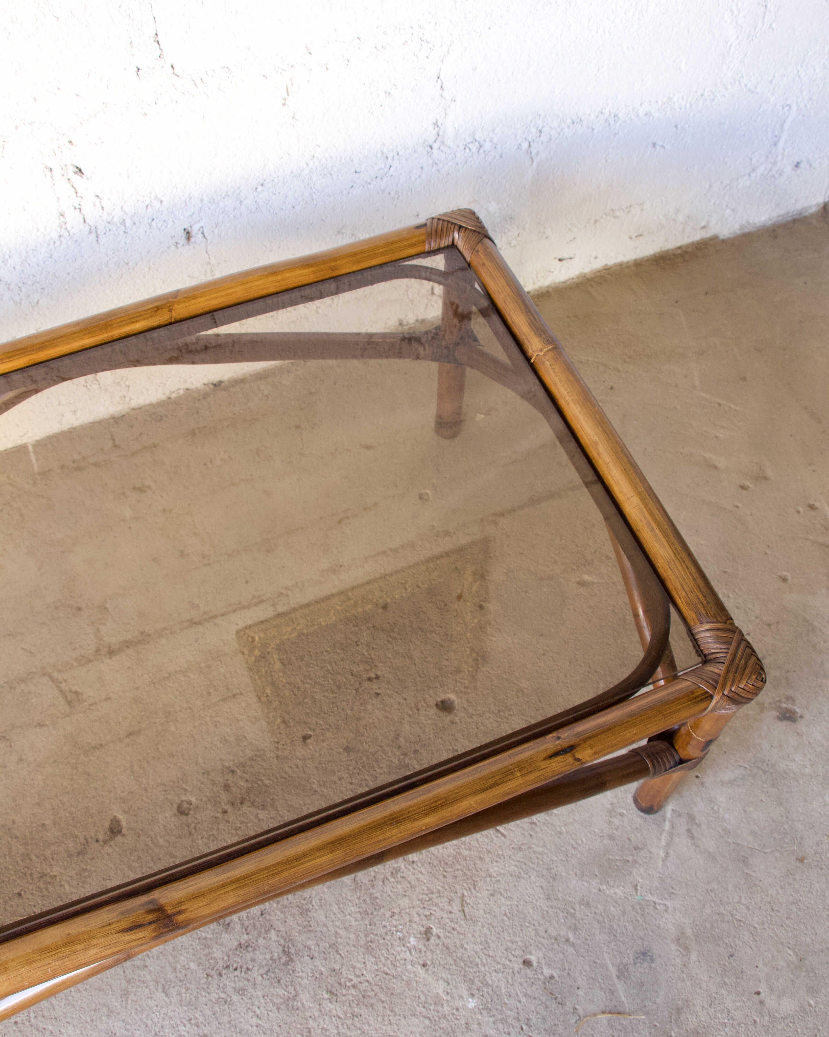 Rattan coffee table and vintage smoked glass top