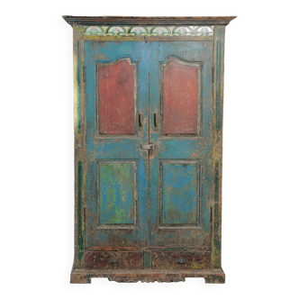 Armoire en teck ancien (patines d'origines rouge, bleue et verte)