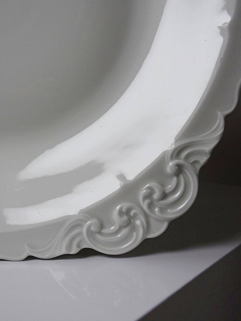 Large, hollow serving dish in fine white Limoges porcelain, vintage/antique