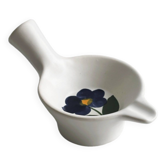 Poterie du Marais gravy boat, white ceramic decorated with a hand-painted blue flower.