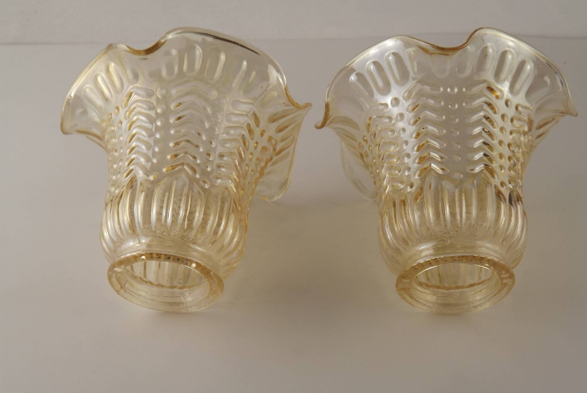 Matching Pair of Vintage French Amber Patterned Glass Shades 5594