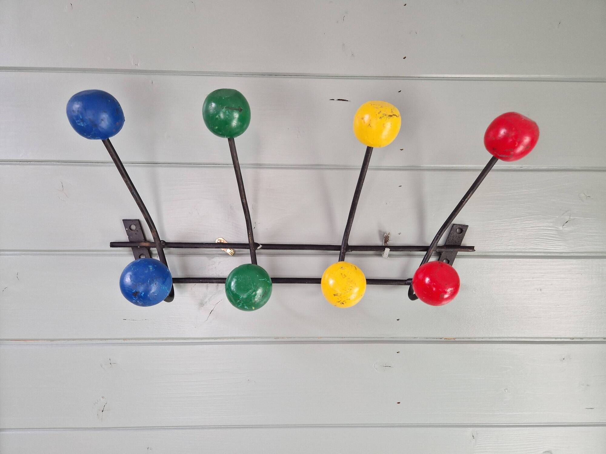 Vintage wall coat rack with 8 hooks in metal and wood (4 available), 1960s