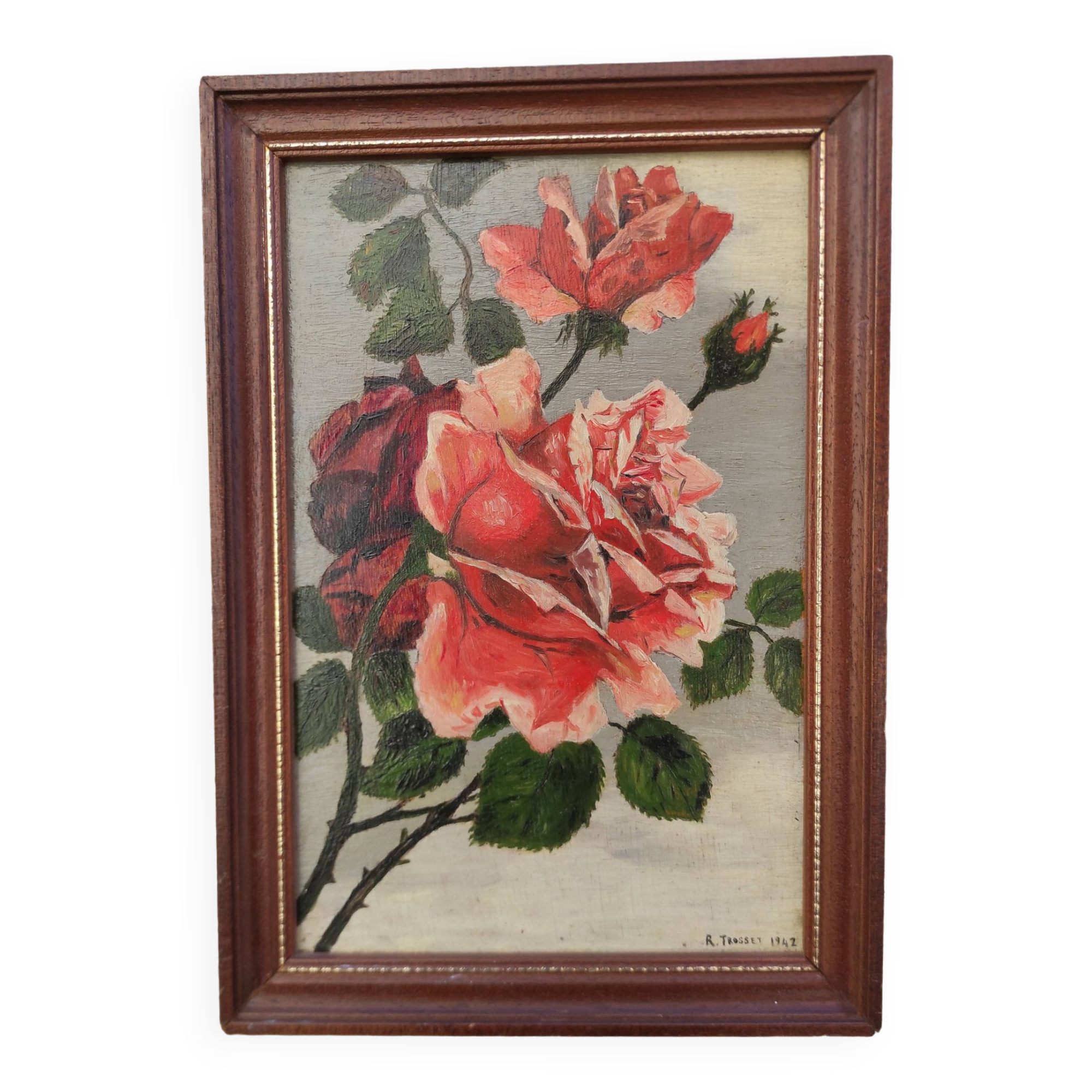 Vintage oil painting of flowers, two roses,  signed Trosset, 1942