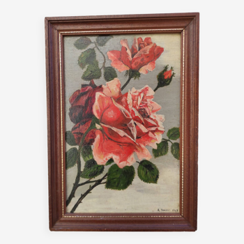 Vintage oil painting of flowers, two roses,  signed Trosset, 1942