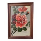 Vintage oil painting of flowers, two roses,  signed Trosset, 1942