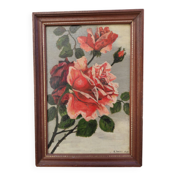 Vintage oil painting of flowers, two roses,  signed Trosset, 1942