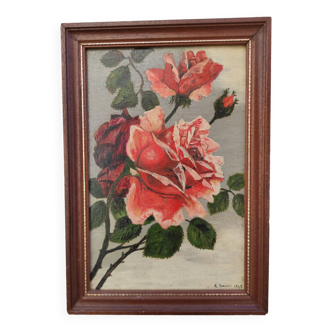 Peinture à l'huile vintage de fleurs, deux roses, signée Trosset, 1942