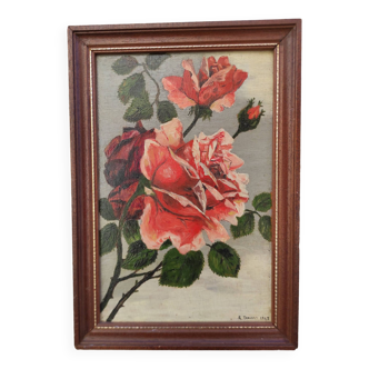 Vintage oil painting of flowers, two roses,  signed Trosset, 1942