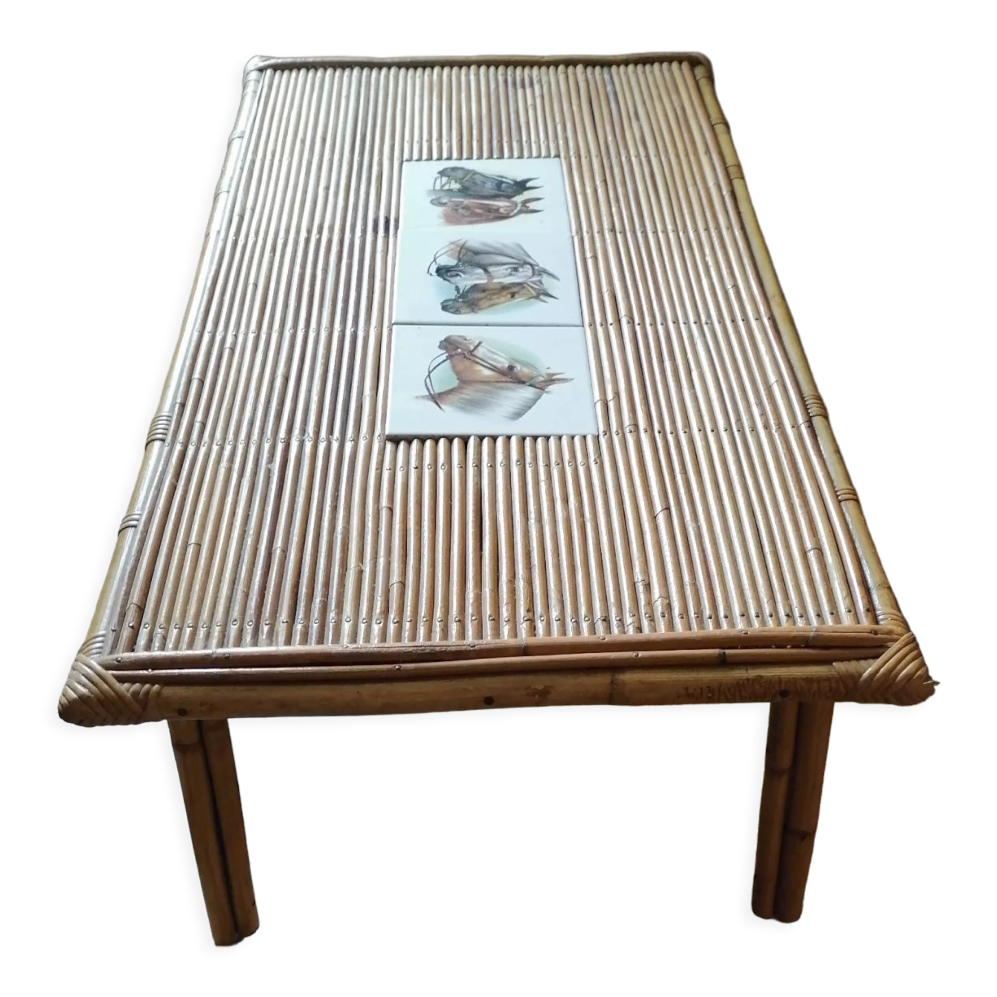 Coffee table bamboo rattan ceramic decollee 1960 70