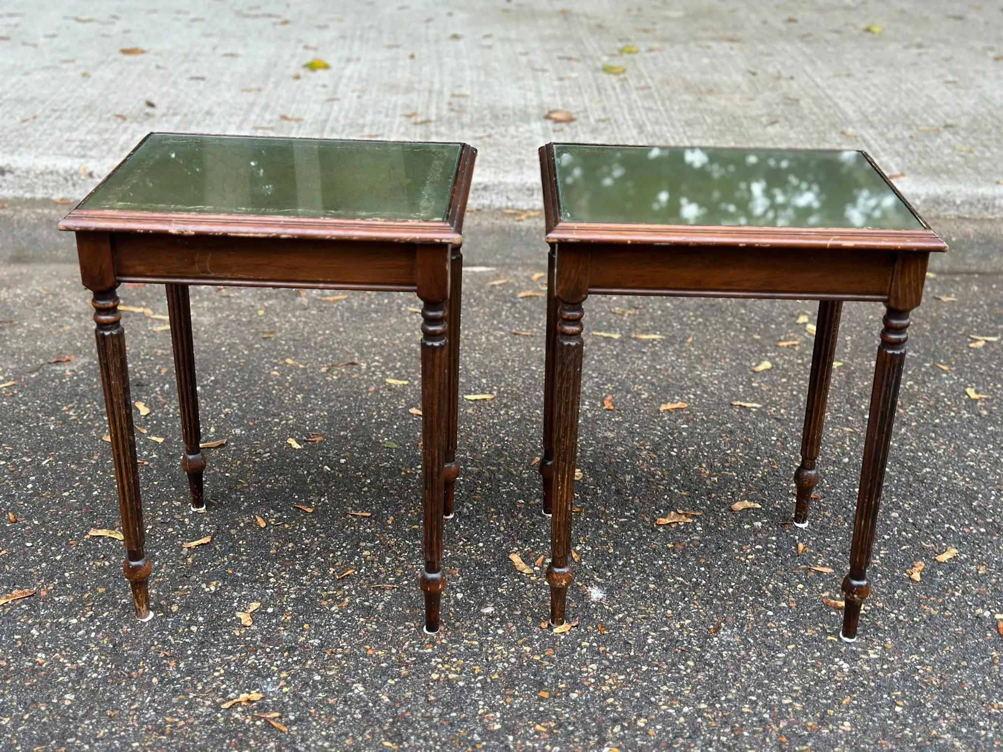 2 side tables, English Regency style, green leather & glass, 1960s.