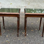 2 side tables, English Regency style, green leather & glass, 1960s.