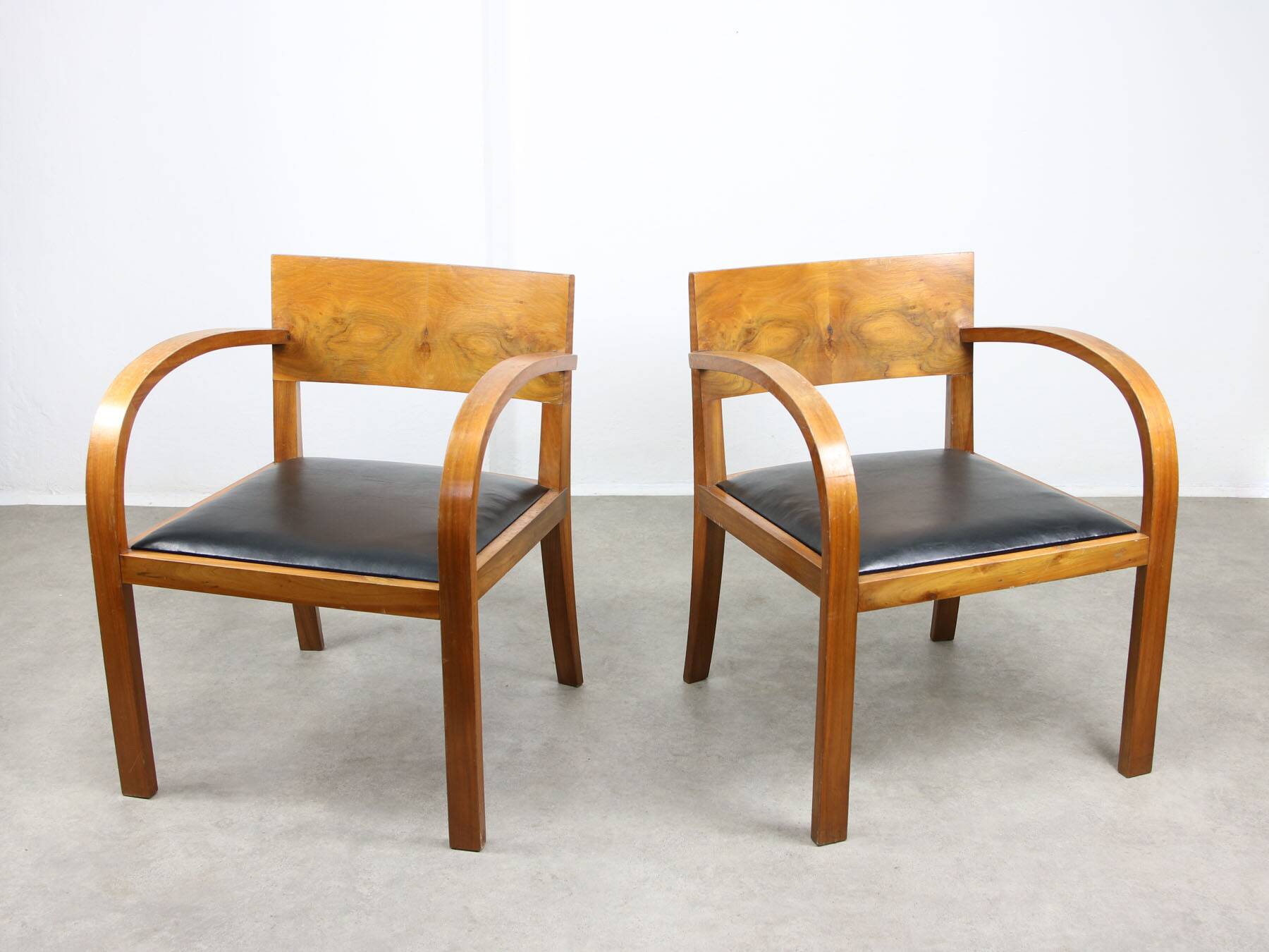 Italian Art Deco Lounge Chairs in Wood & Black Leatherette, set of 2