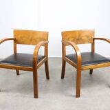 Italian Art Deco Lounge Chairs in Wood & Black Leatherette, set of 2