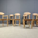 Vintage pine wood dining chairs - 1980s - set of 7