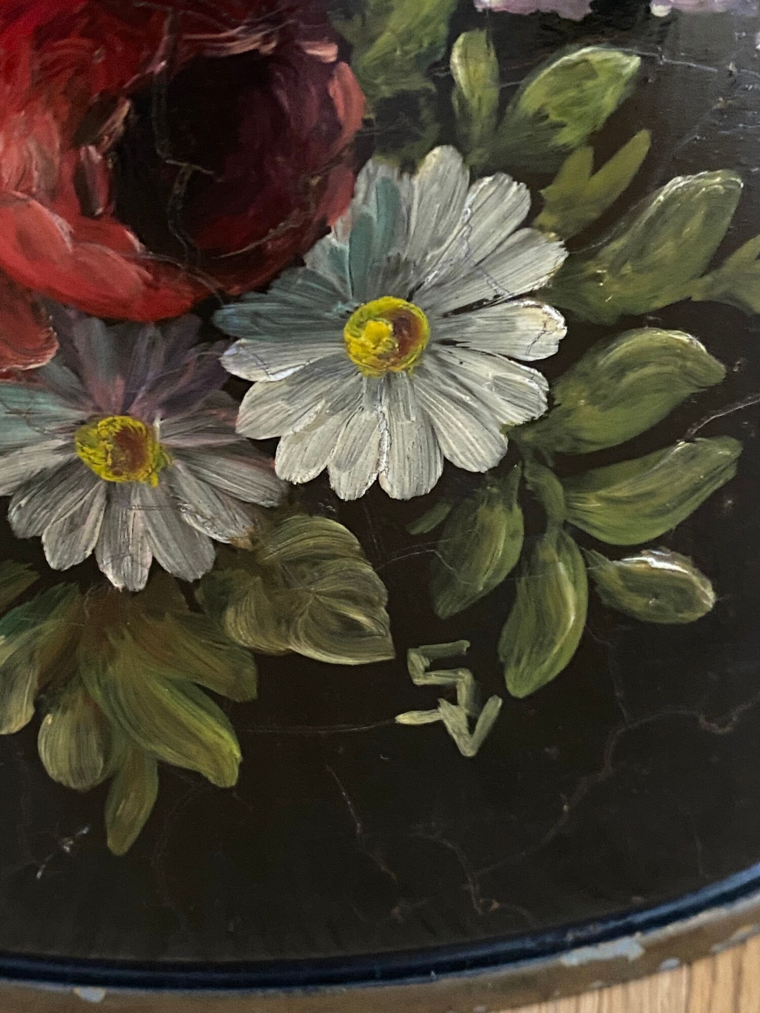 Basket in painted sheet metal Napoleon III signed black background and flowers