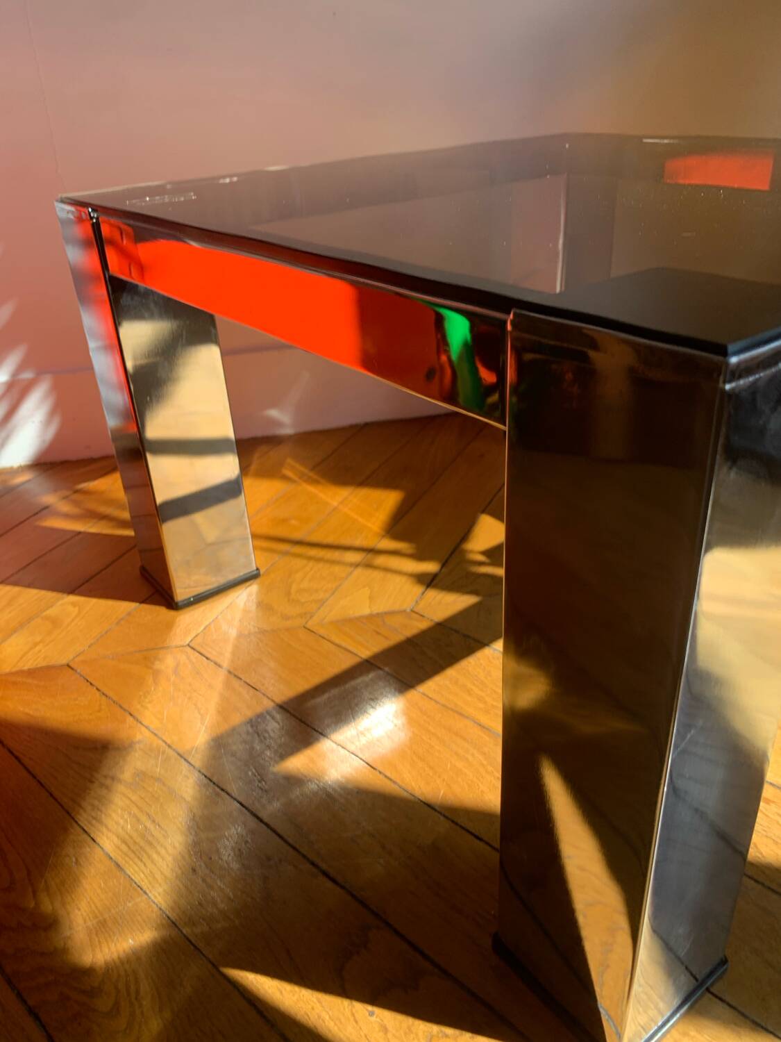 Chromed metal and smoked glass coffee table, 1980s.