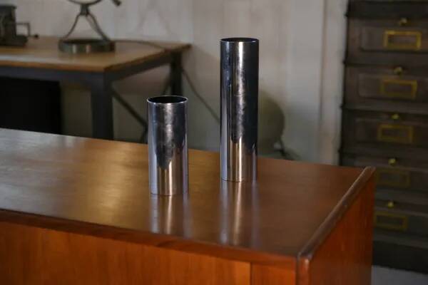 Pair of chrome-plated metal vases, 1960s