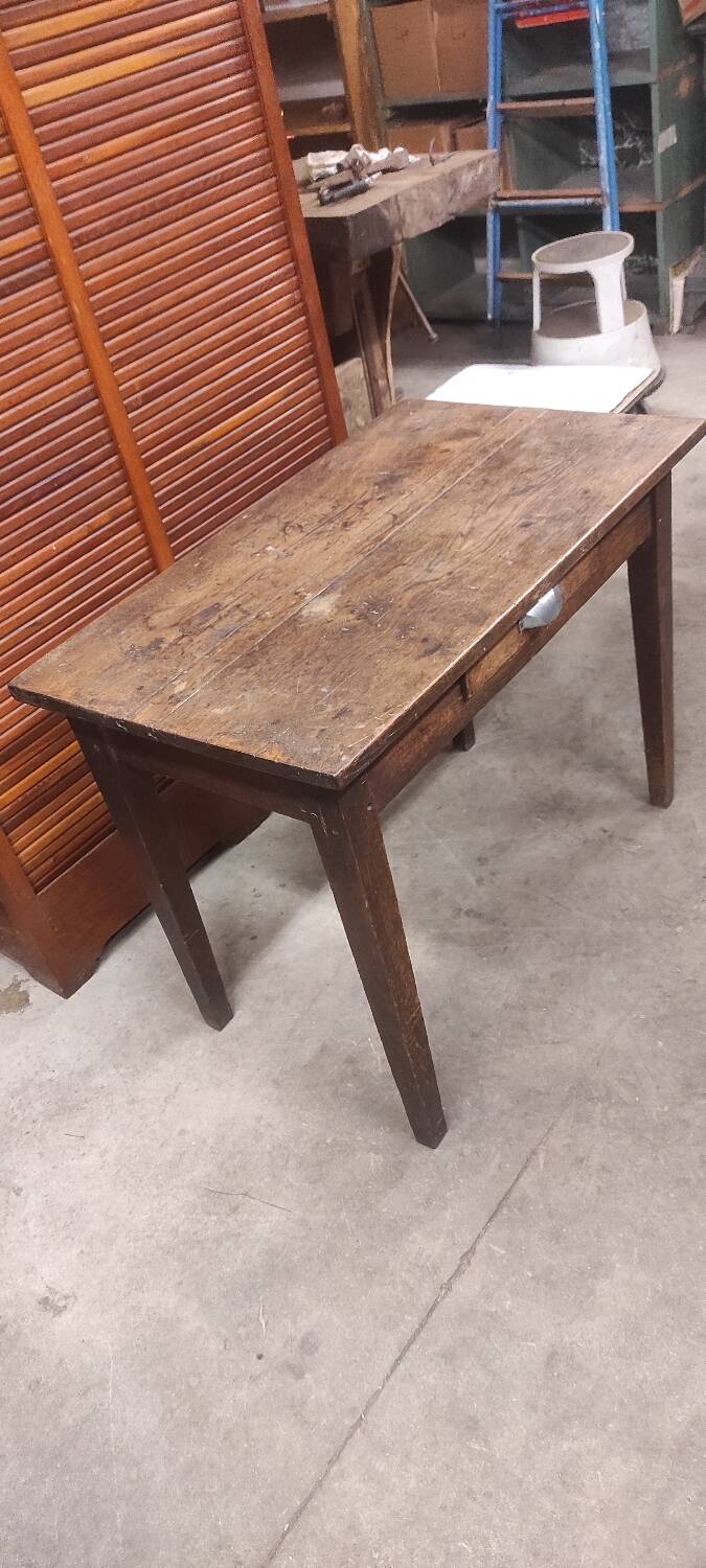 Small rustic children's table in old oak wood with drawer and shell handle