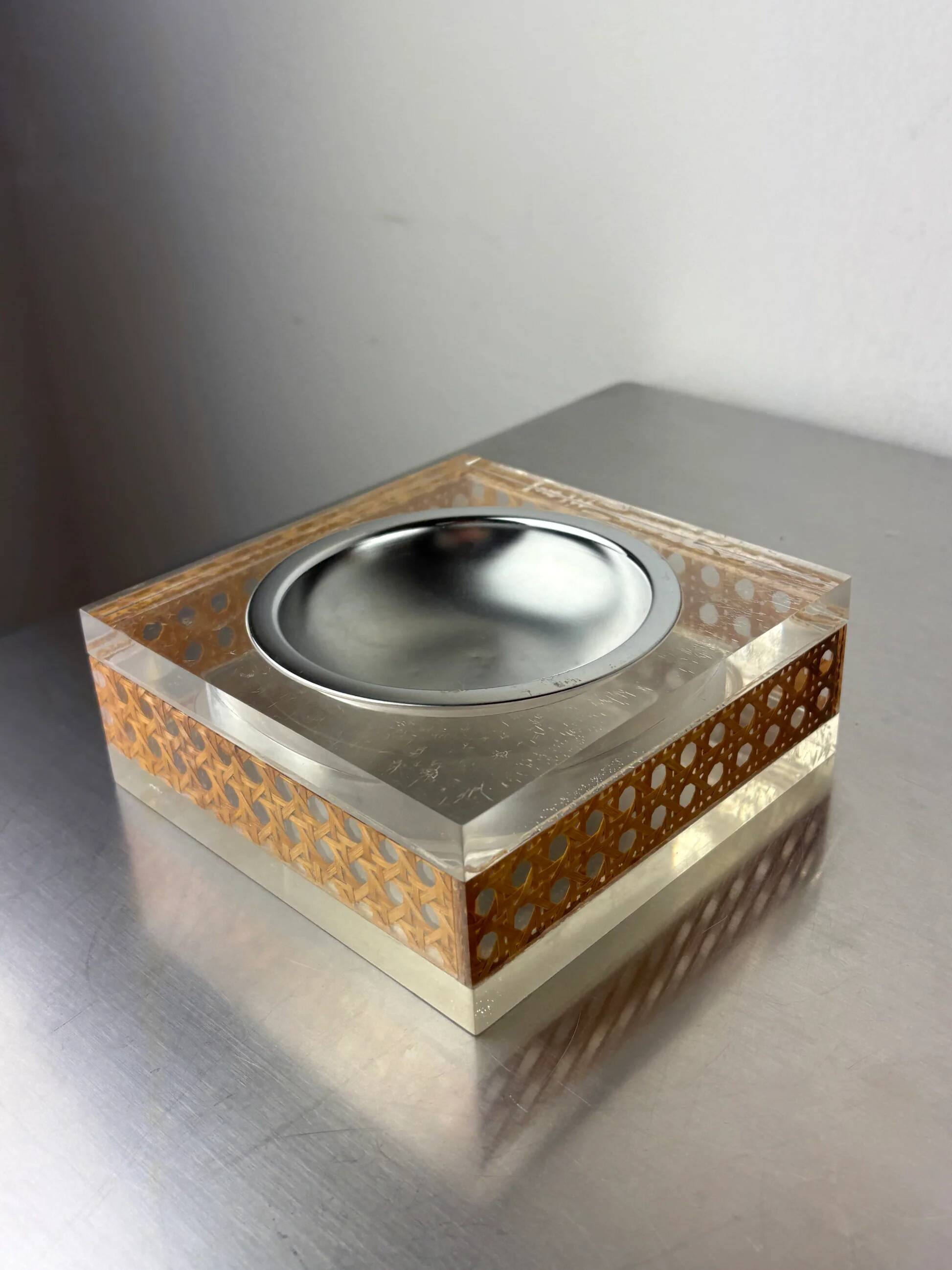 Christian Dior style lucite & rattan ashtray, circa 1970s