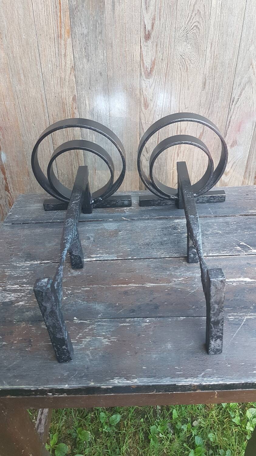 Pair of wrought iron fireplace andirons circular shape vintage