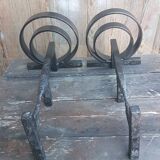Pair of wrought iron fireplace andirons circular shape vintage