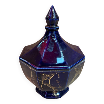 Ancienne bonbonnière boite à bijoux céramique bleu cobalt & dorée vintage