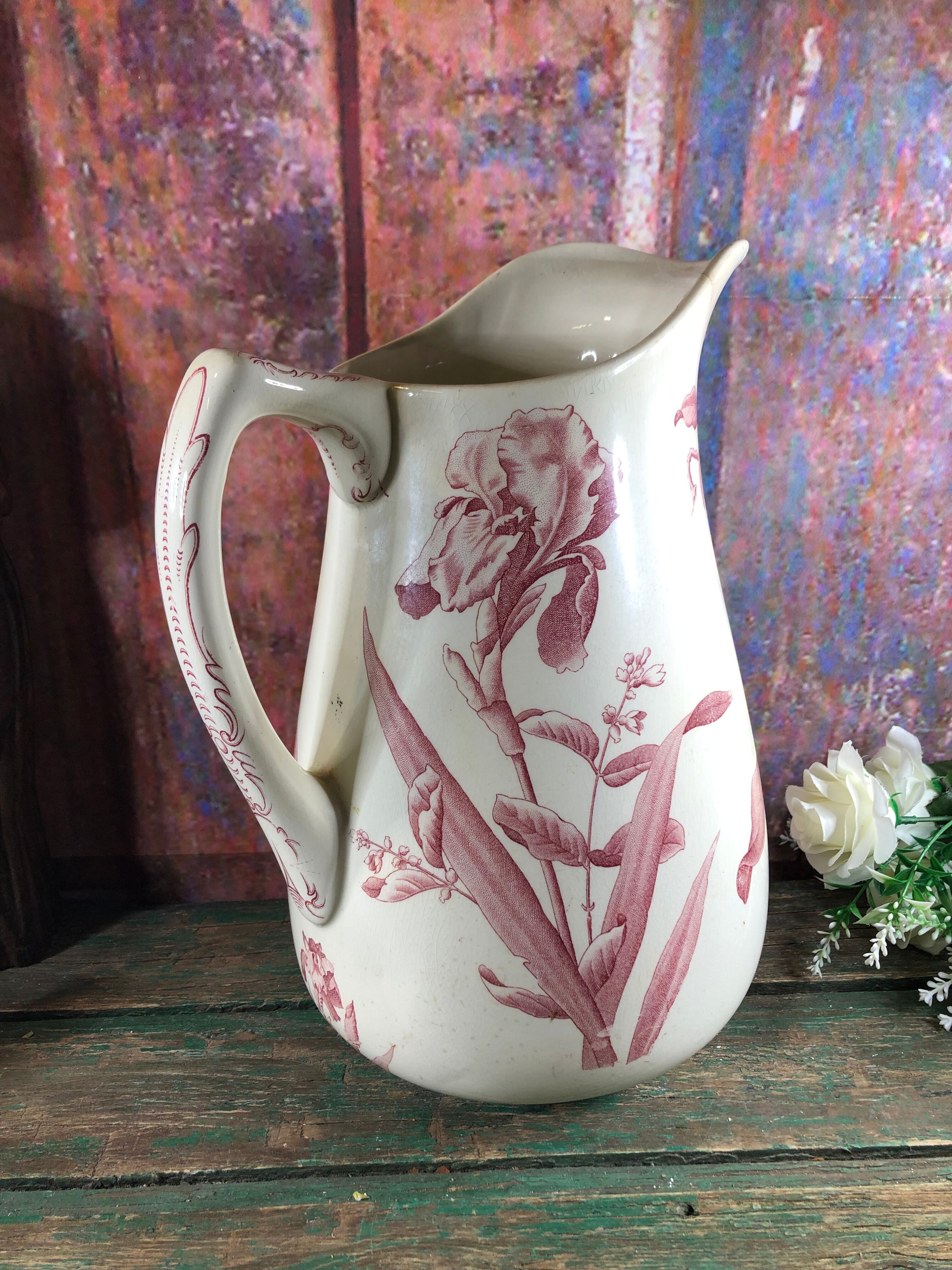 Pitcher jug or white broc decorated with pink flowers magnolia shabby chic