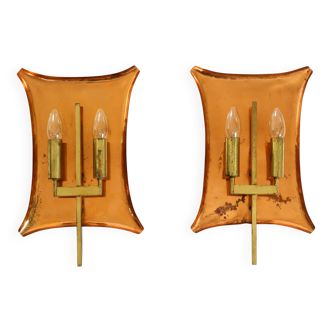 Unique large heavy mid-century church wall lamps made of copper and brass