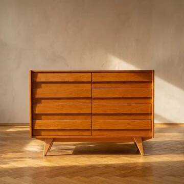 Vintage Czech chest of drawers U-453 by Jiří Jiroutek, 1960s, oak veneer, 110 × 45 × 77 cm