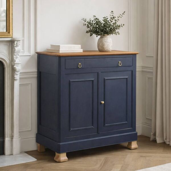 Buffet ancien en bois massif – Bleu profond & plateau bois