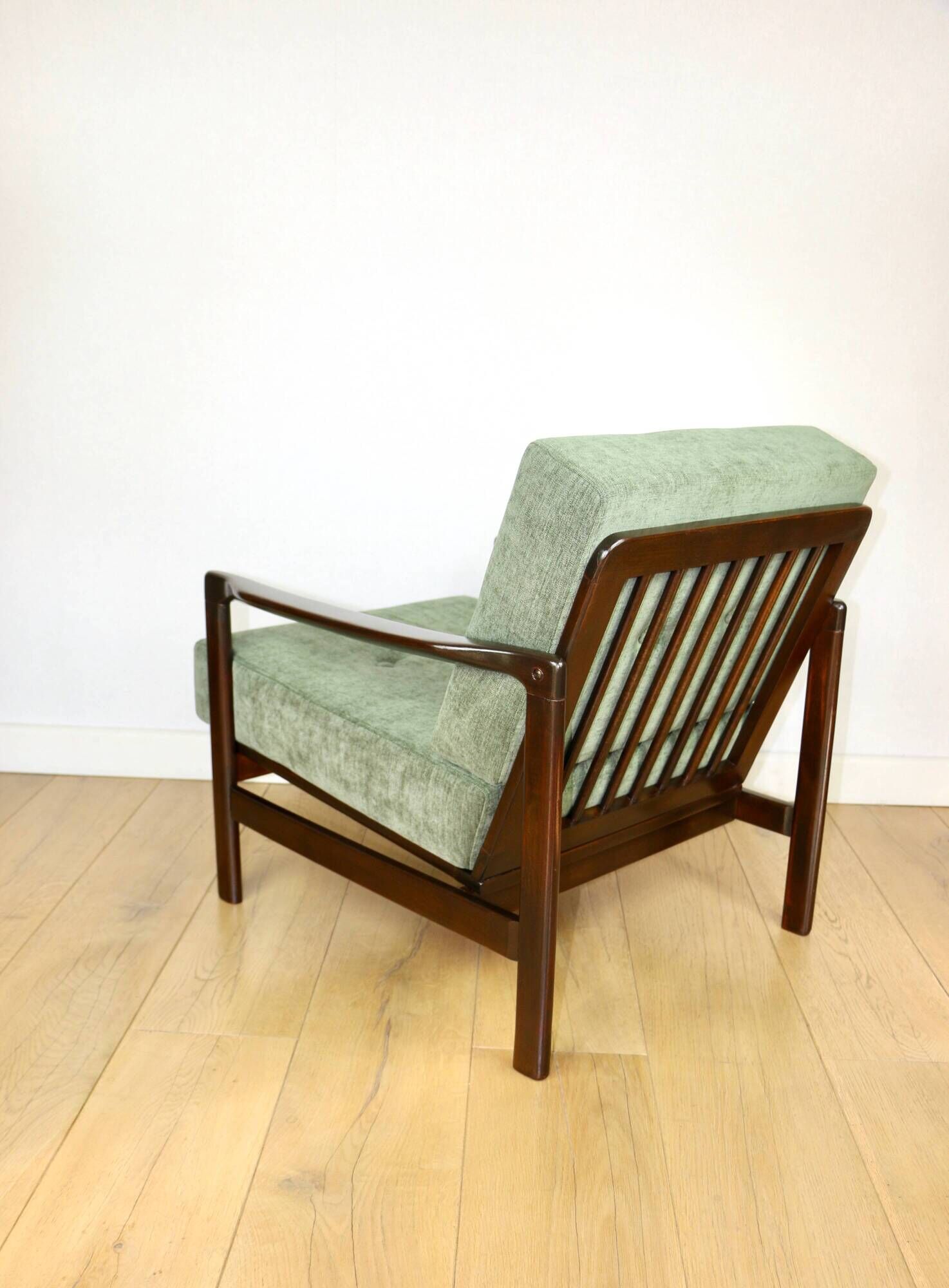 Vintage brown wooden armchair green-olive jeans design by Z. Bączyk - 2 pieces available