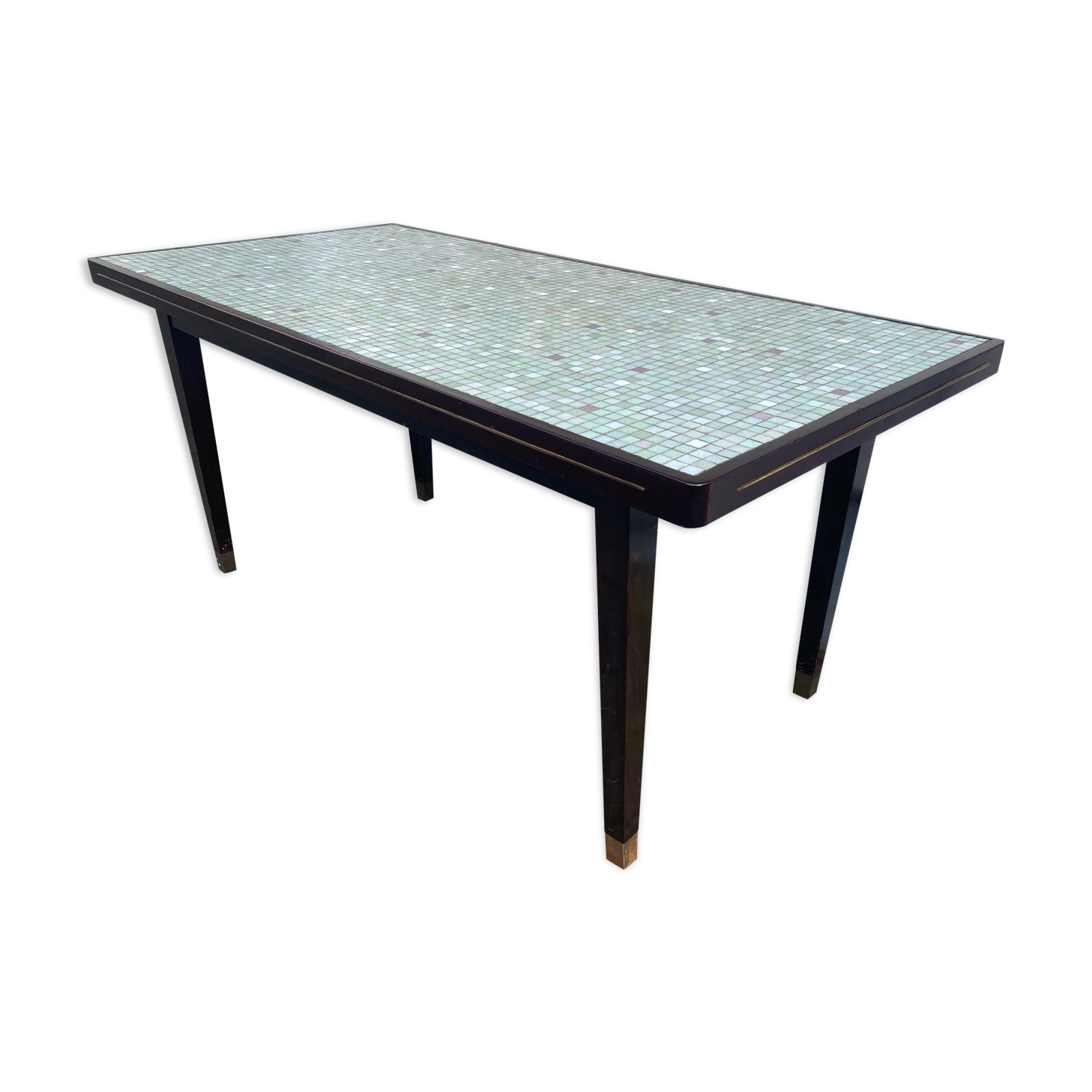 Table à manger en bois italien vintage, laiton et mosaïque de verre, années 1950