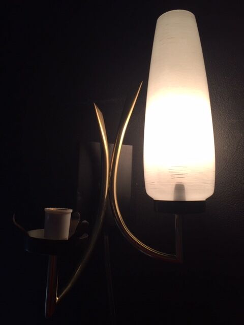 Torch wall sconce in brass and opalin glass, 1950s