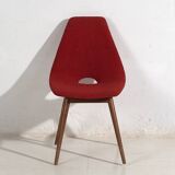 Wooden chairs with burgundy red fabric, circa 1950