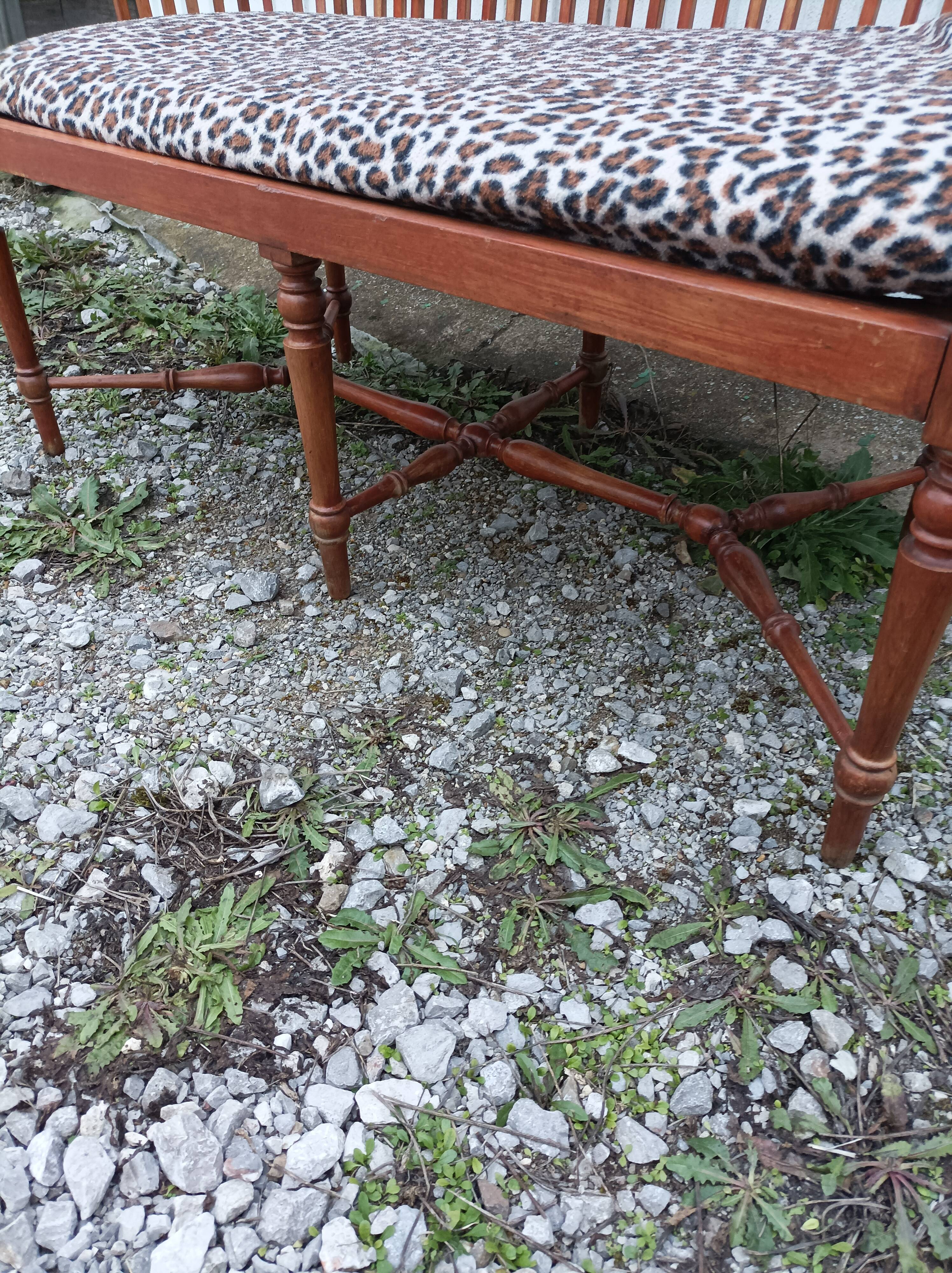 Banc bois léopard véranda salon 6 pieds vintage
