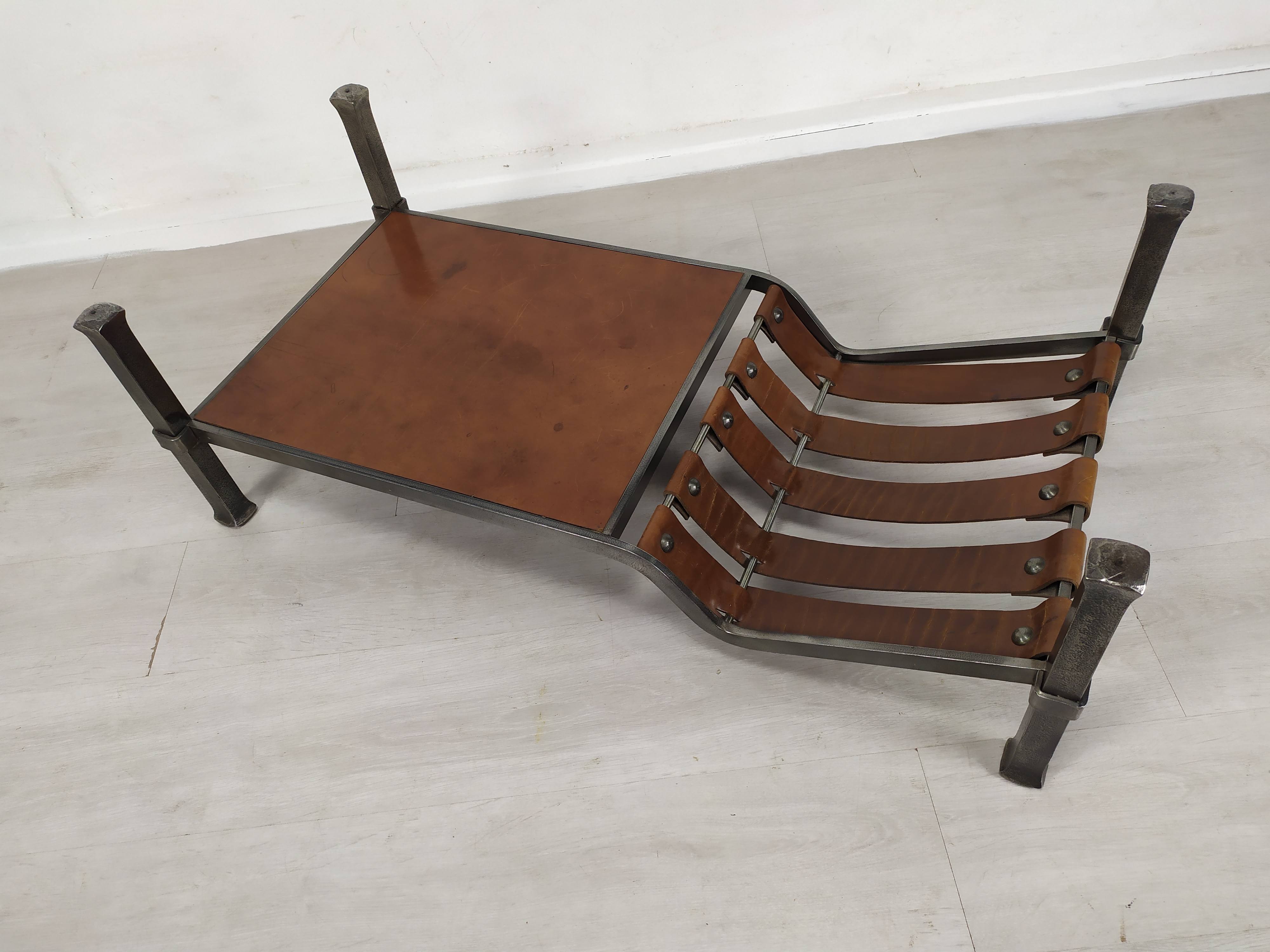 Iron and leather coffee table