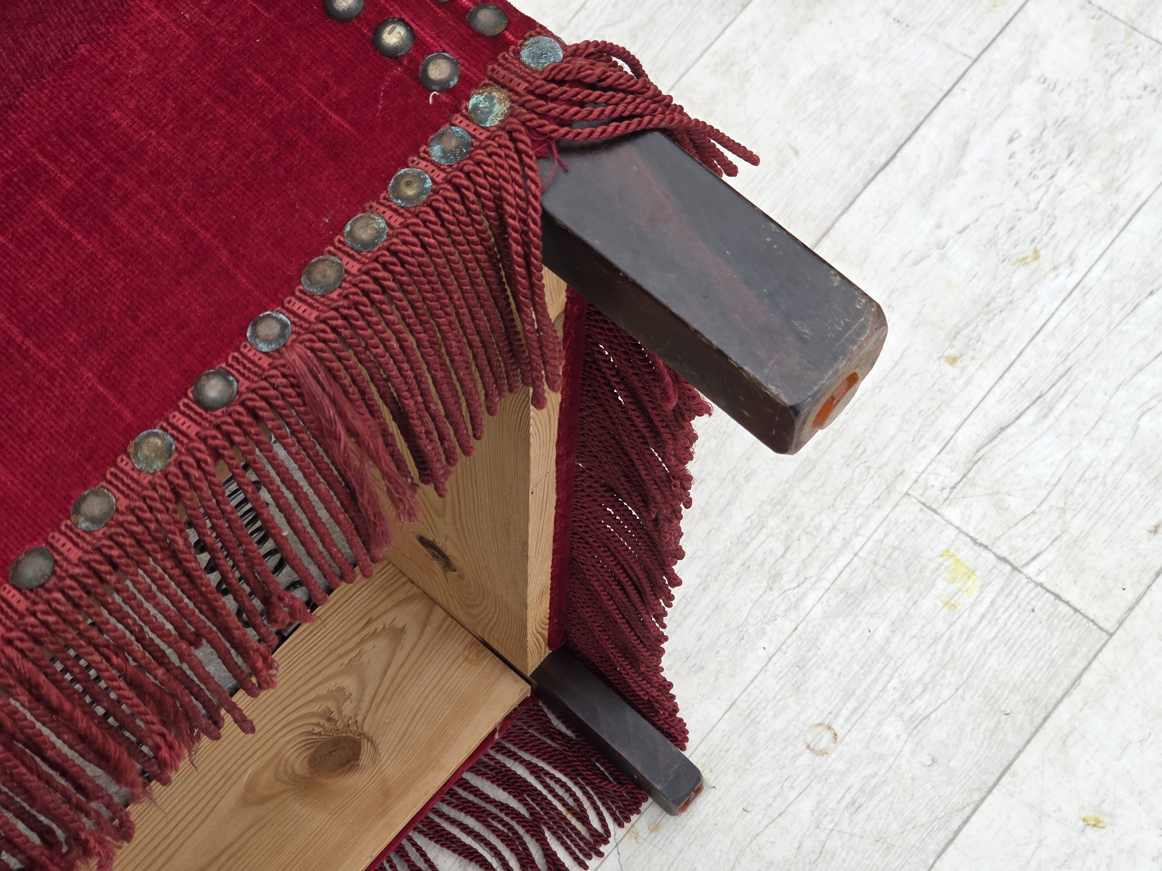 1970s, Danish highback armchair, red furniture velour, ash wood.