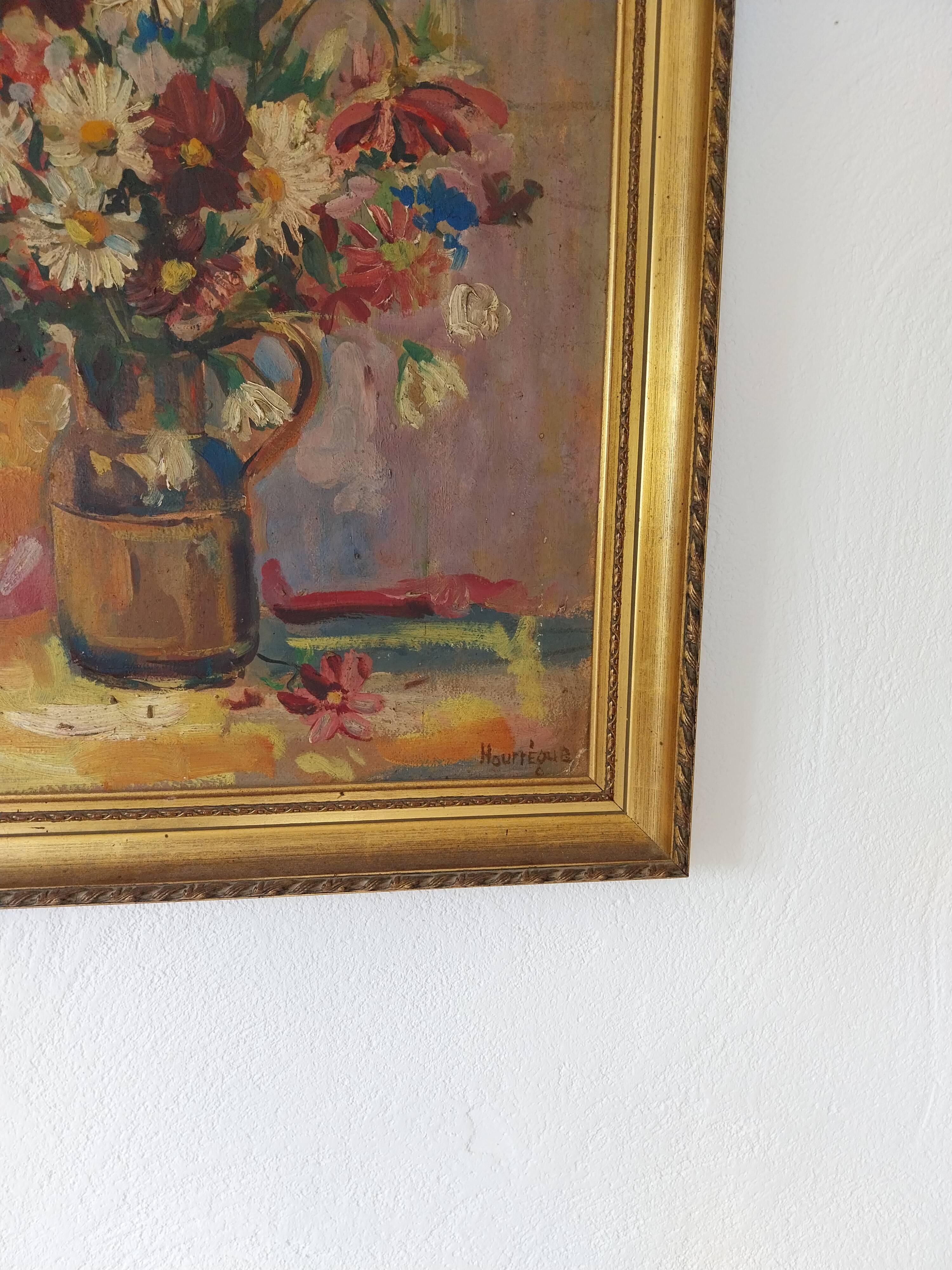 Huile sur panneau vintage signée Hourregue - bouquet de fleurs