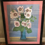 Tableau bouquet encadré et signé Genevieve Devouge