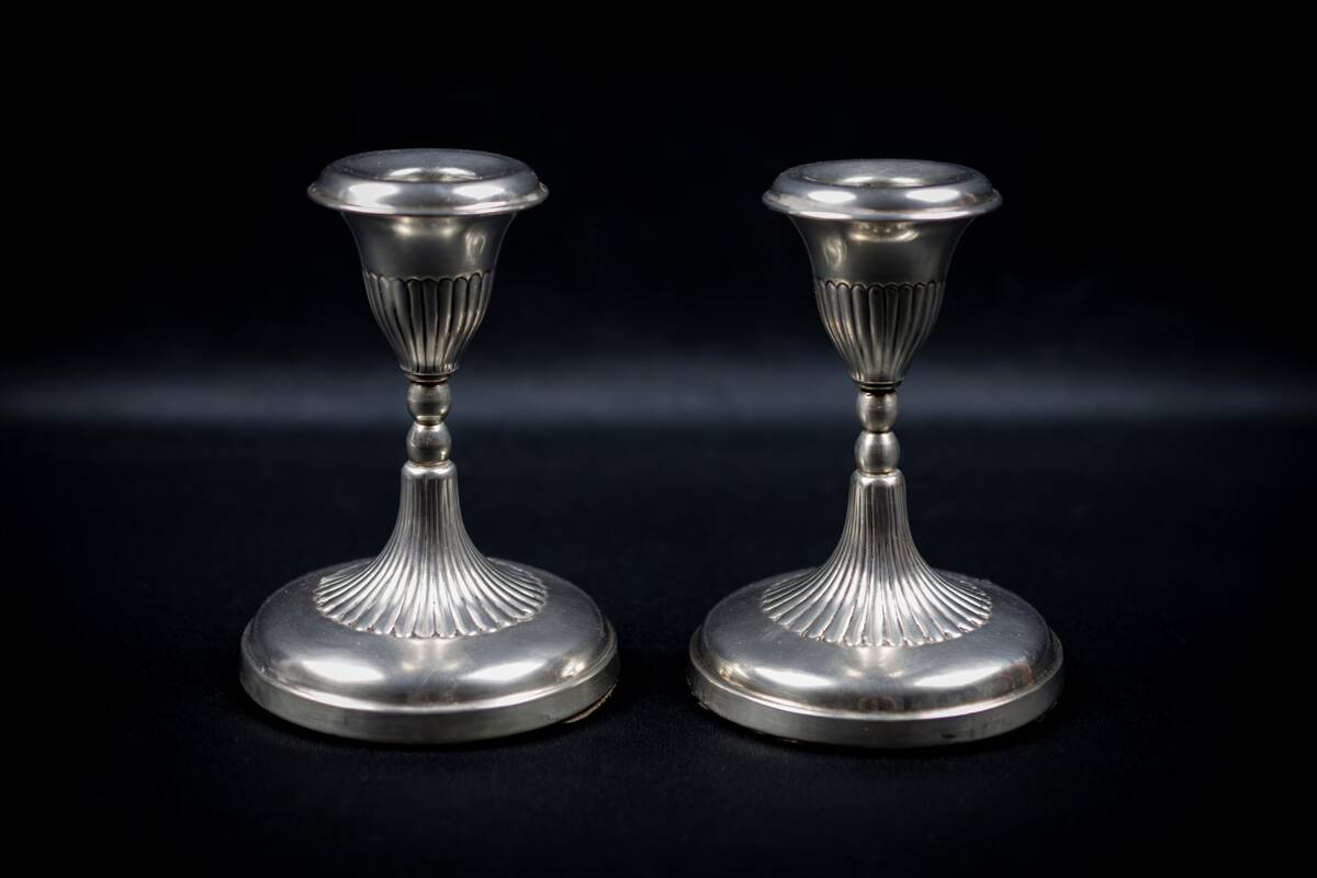 Pair of Small Antique Silver Metal Candlesticks - Fluted Base
