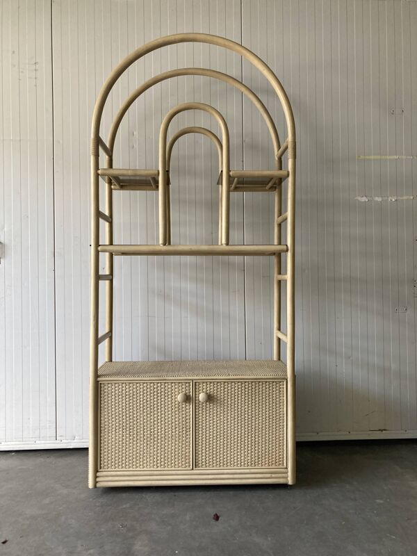 Grande vitrine vintage en bambou et rotin, années 1980