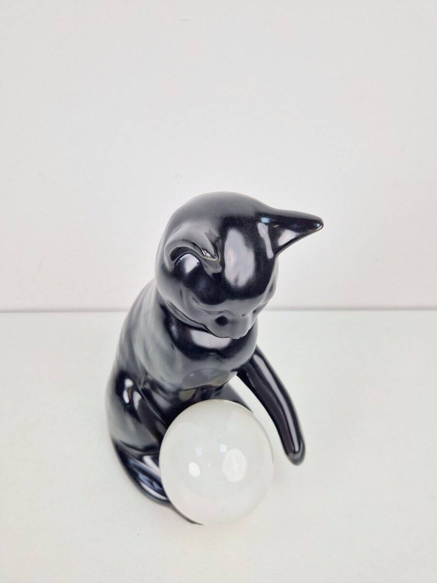 Mid-Century Cat Sphere Table Lamp in Ceramic and Opal Glass, 1970s