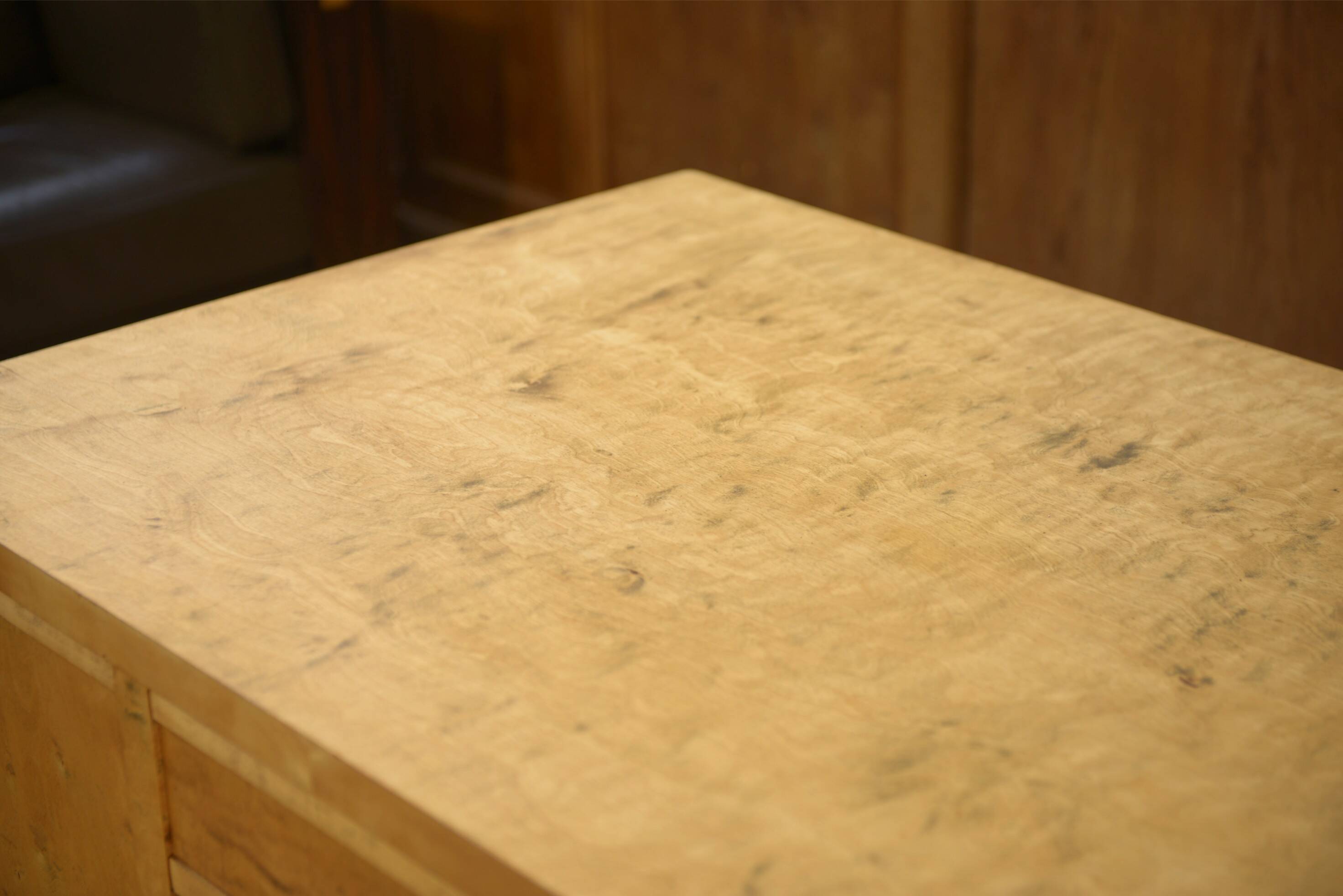 English desk in birch veneer with bee pattern marquetry from the 1950s.
