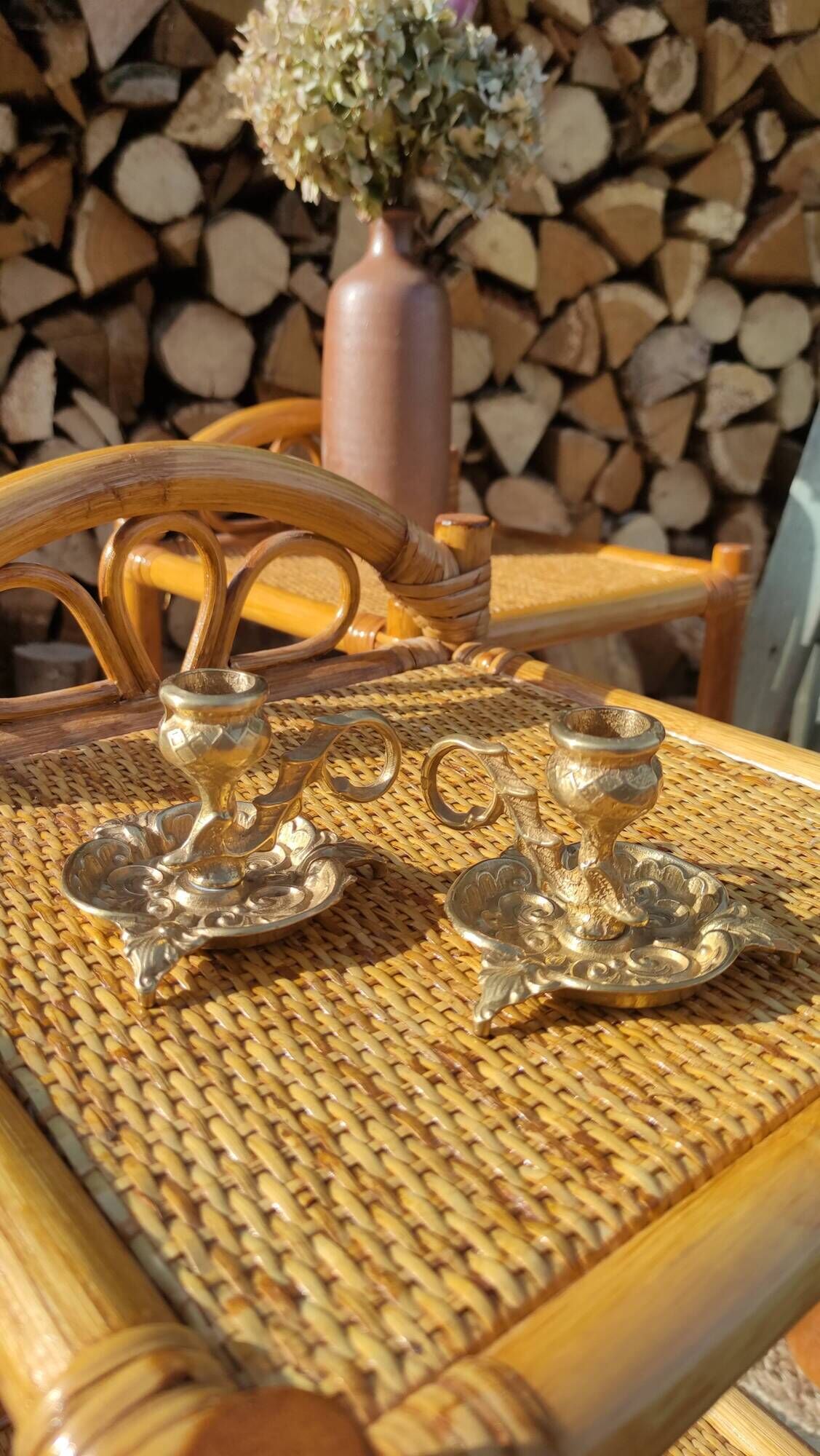 Pair of vintage solid brass candle holders