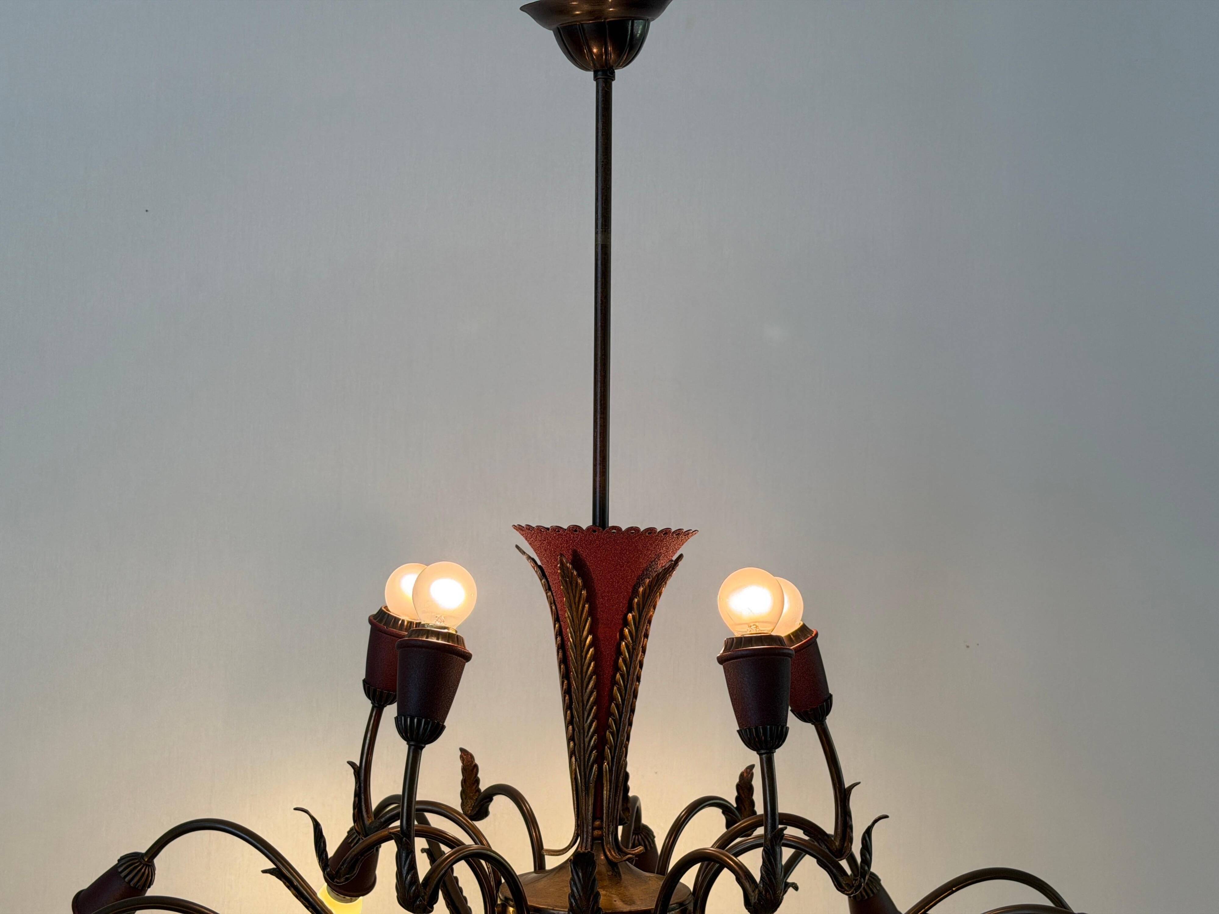 Large Burgundy brass chandelier with 15 arms, 1950, Italy