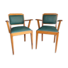 Pair of Armchairs Cabriolet Wood and Moleskine Green Bottle 1950