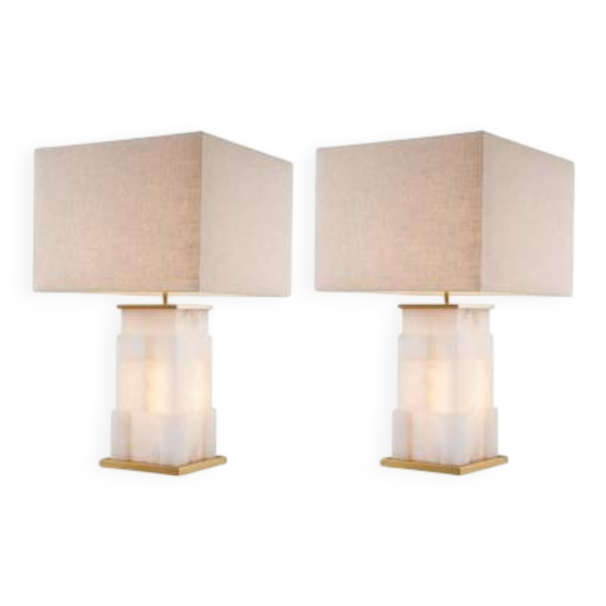 Pair of table lamps in alabaster and patinated brass