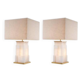 Pair of table lamps in alabaster and patinated brass