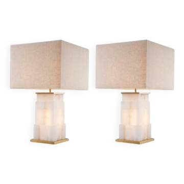 Paire de lampes de table en albâtre et laiton patiné