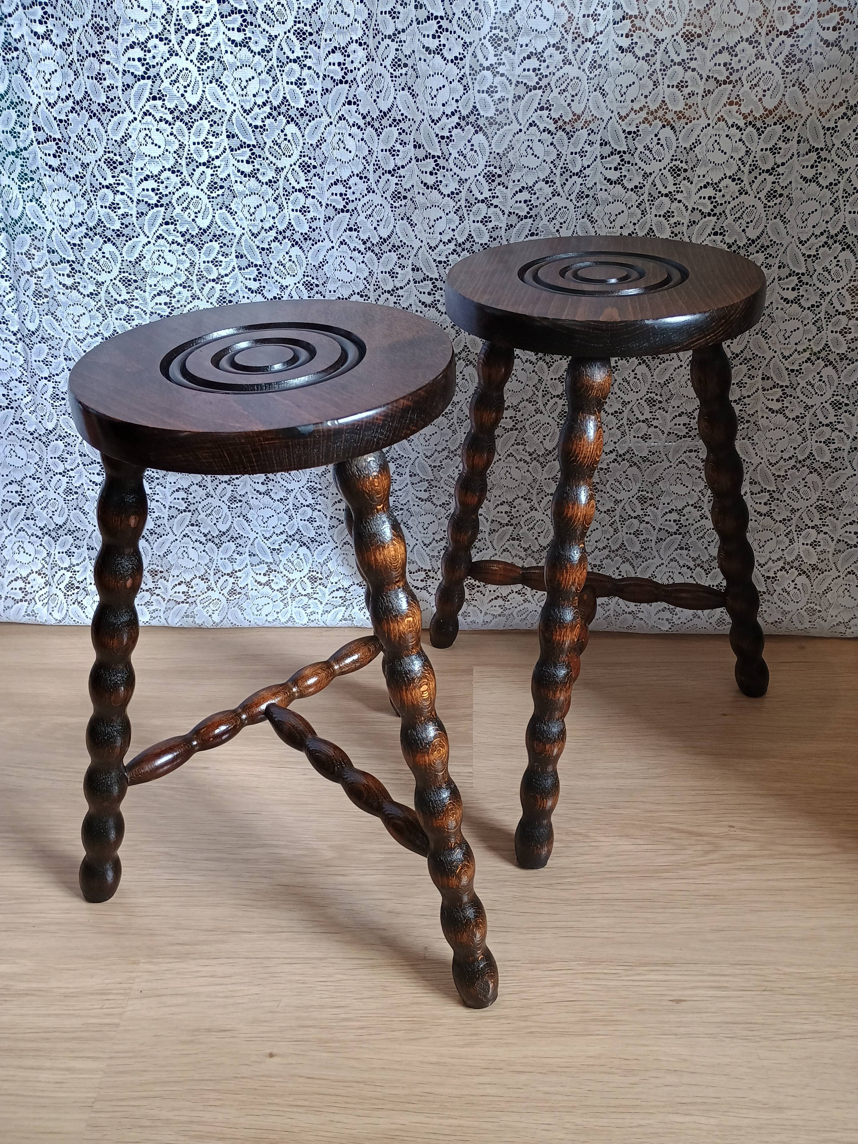 Pair of vintage turned wood tripod stools